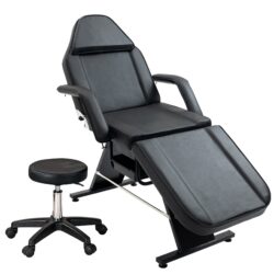Massage Salon Tattoo Chair With Two Trays Esthetician Bed With Hydraulic Stool, Multi-Purpose 3-Section Facial Bed Table, Adjustable Beauty Barber Spa Beauty Equipment - Black