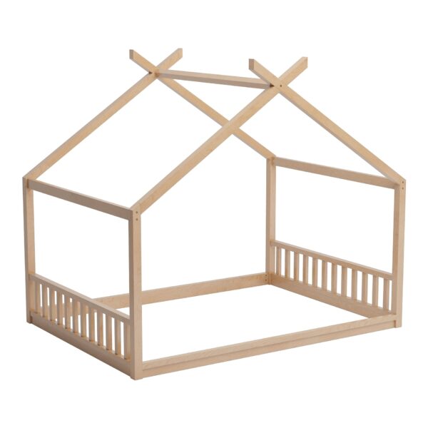 Full Size Montessori Style House Bed For Kids, Floor Bed Frame With Headboard And Footboard, Fence Bed For Girls, Boys, Slat Not Included - Natural
