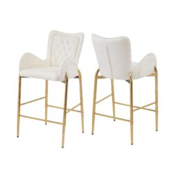 Velvet Counter Height Bar Stools (Set of 2) With Golden Legs And Footrests - White