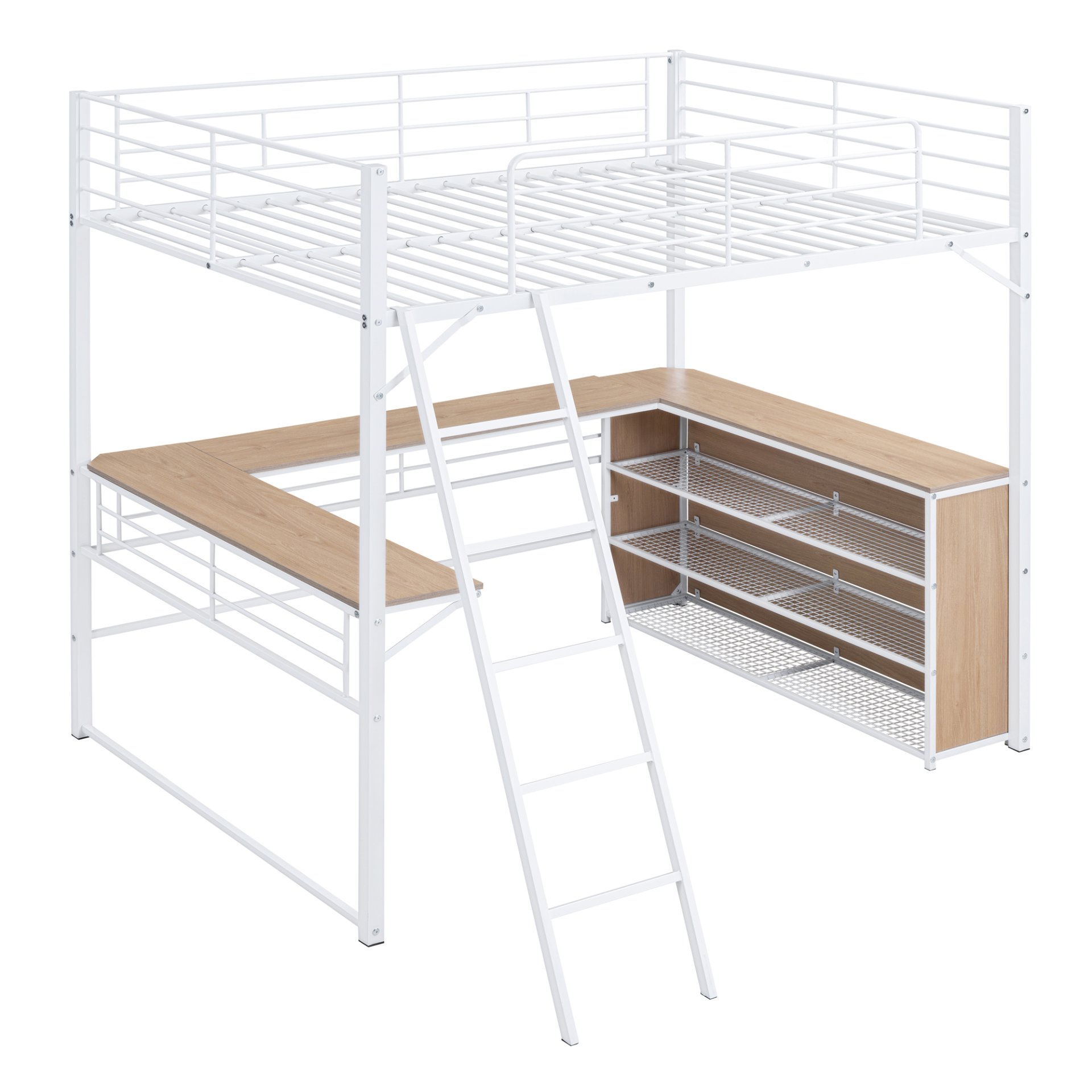 Full Size Loft Bed With 3 Layers Of Shelves And L-Shaped Desk - White - Image 4