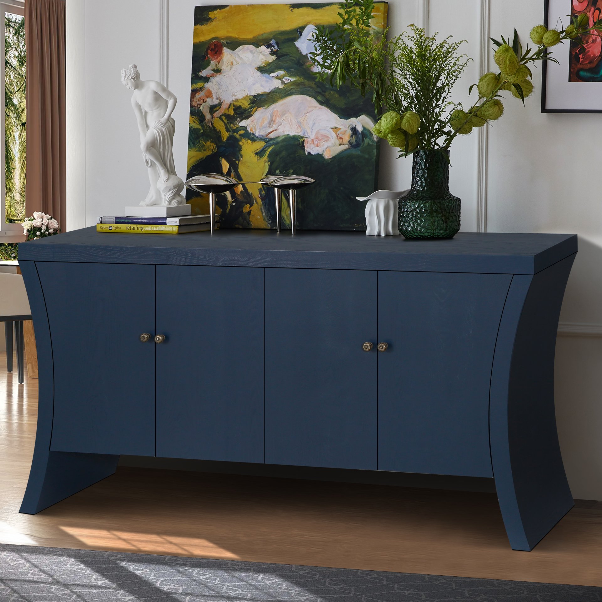 Refined Industrial 4 Door Credenza With Wooden Arc Legs & Bronze Clasps, Advanced Storage Design - Navy Blue - Image 2