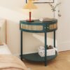 Boho Rattan Semi Circle End Table With Sliding Rattan Door, Elegant Entryway Console With Storage And Bottom Shelf - Antique Green - Image 13