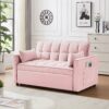 Modern Velvet Loveseat Futon Sofa Couch With Pullout Bed Reclining Backrest Toss Pillows - Pink - Image 2