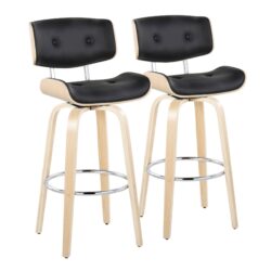 Lombardi - Mid-Century Modern Fixed Height Barstool With Swivel With Round Footrest (Set of 2) - Natural / Black