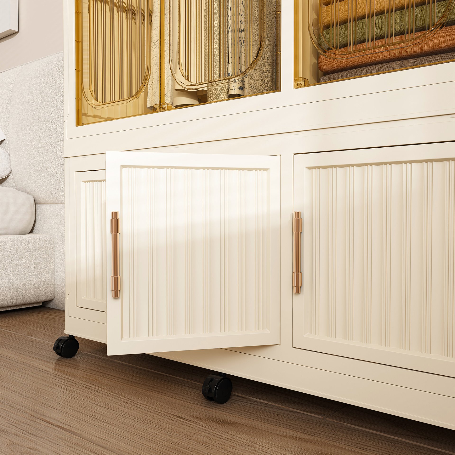 Portable Wardrobe Closet Storage Organizer For Clothes, 9 Magnetic Doors With 9 Cubes & 2 Hanging Rods, 6 Hangers - Cream White - Image 13