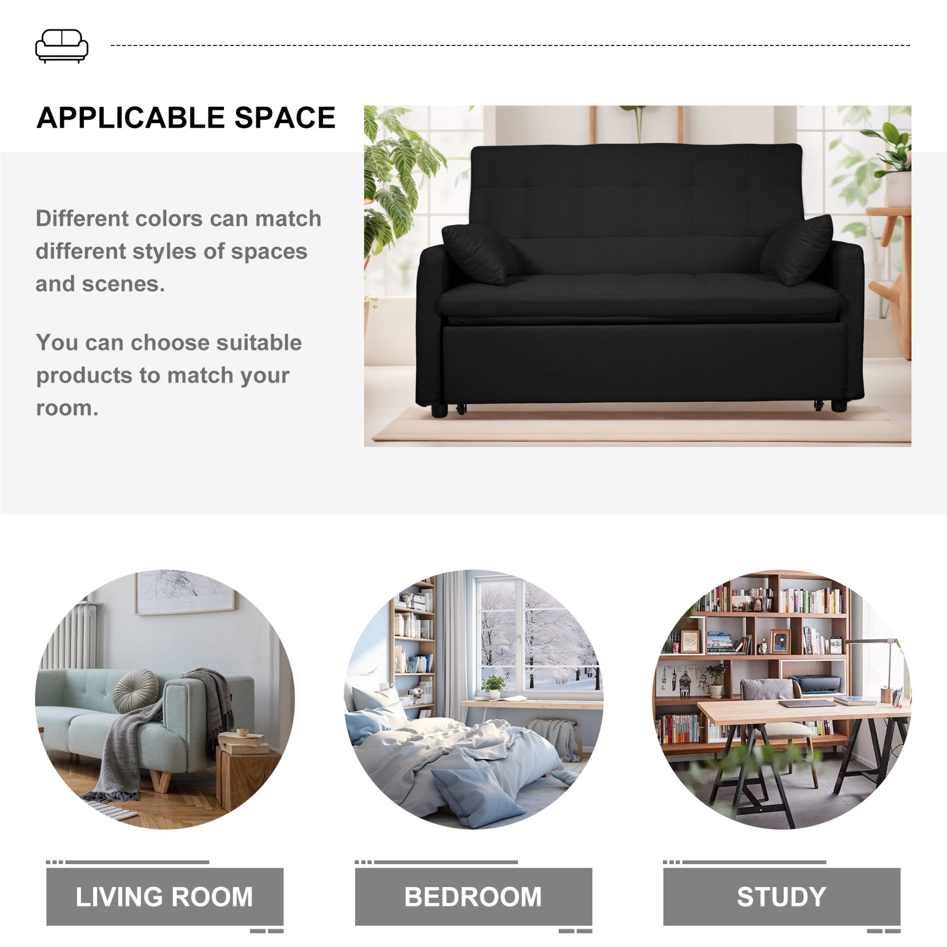 Balus - 2 In 1 Convertible Sofa Bed With Storage And Adjustable Backrest - Black - Image 6