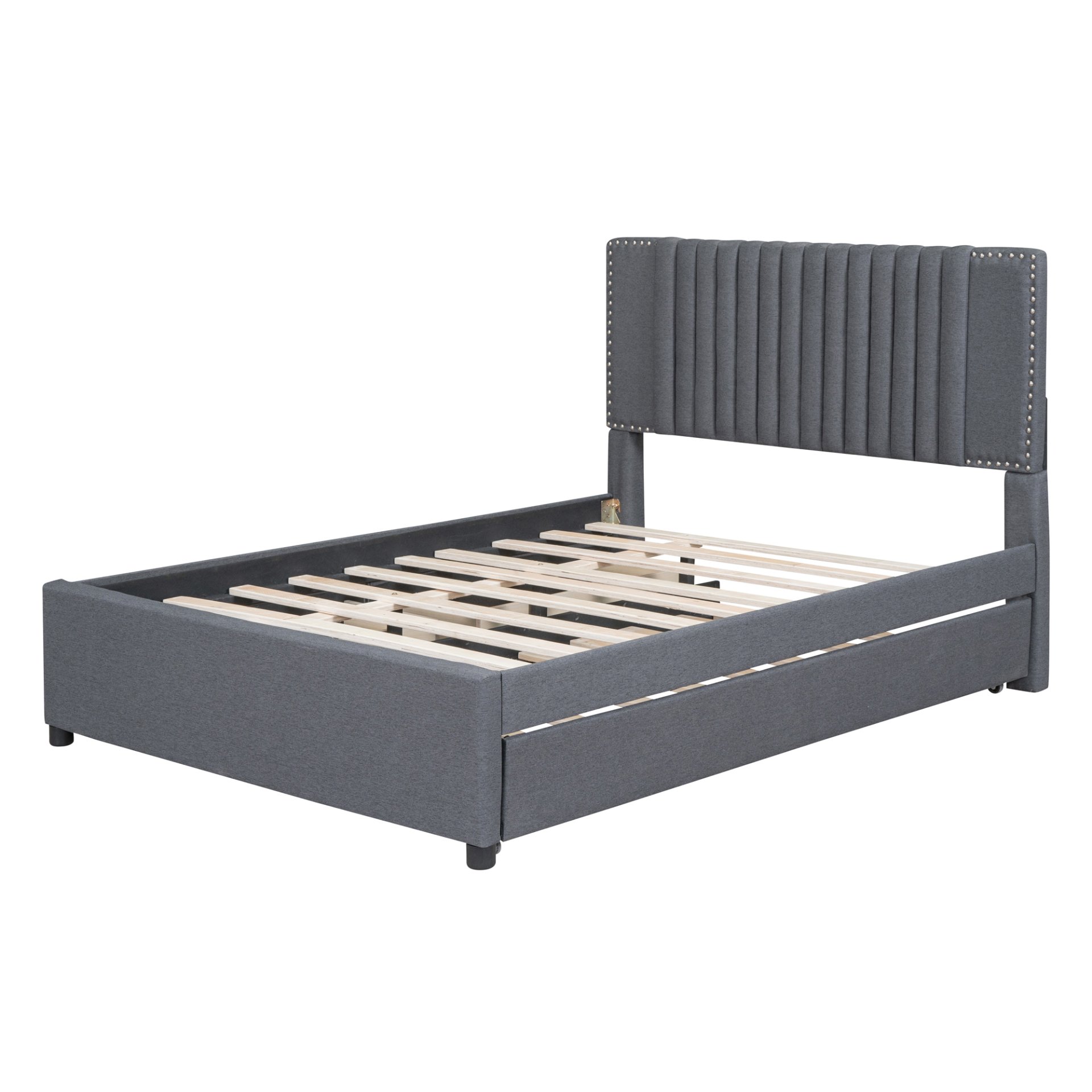 Full Size Upholstered Platform Bed With 2 Drawers And 1 Twin Size Trundle, Classic Headboard Design - Gray - Image 9