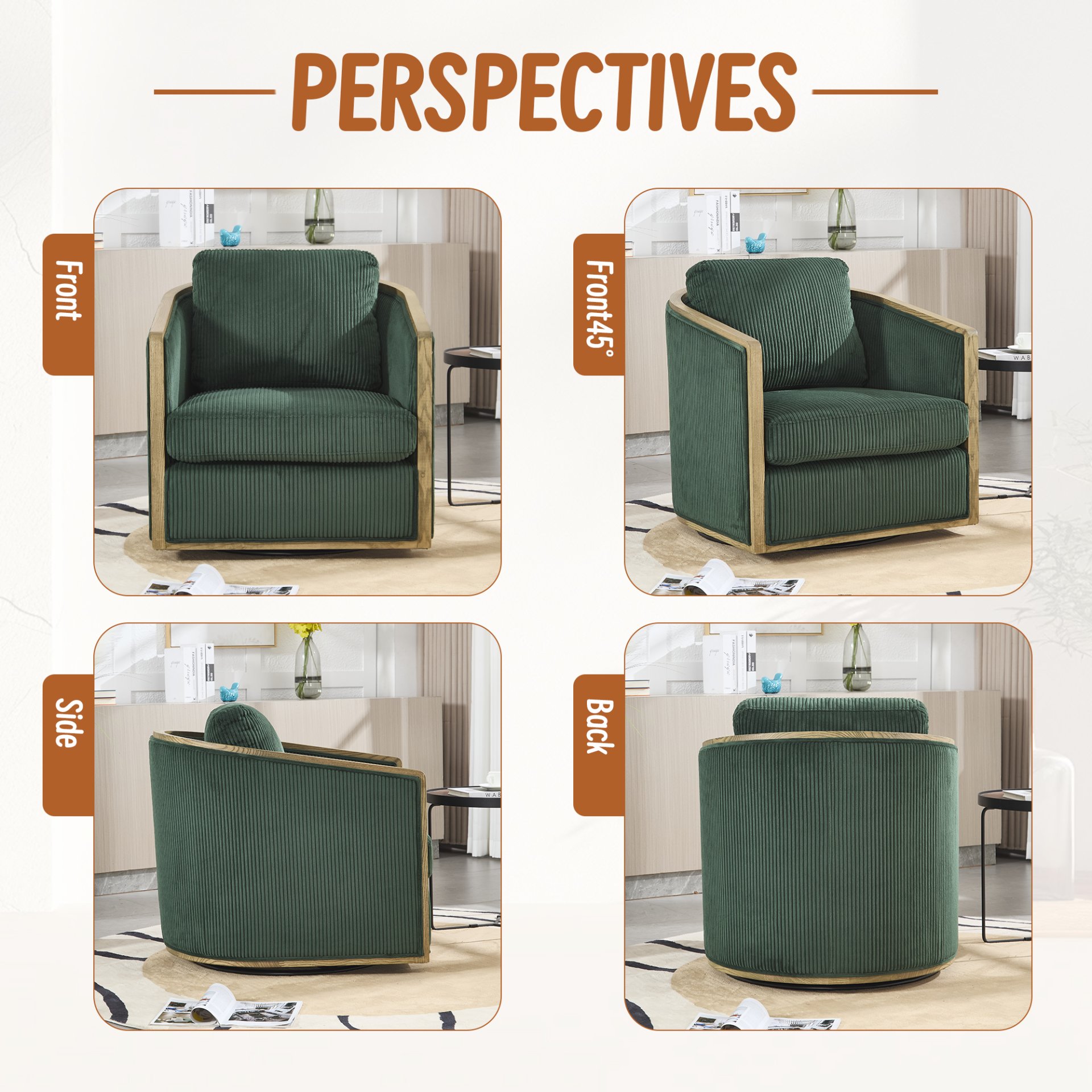 Corduroy Swivel Barrel Chair, Comfortable Accent Sofa Chair With 360 Degree Swivel For Living Room - Emerald - Image 8