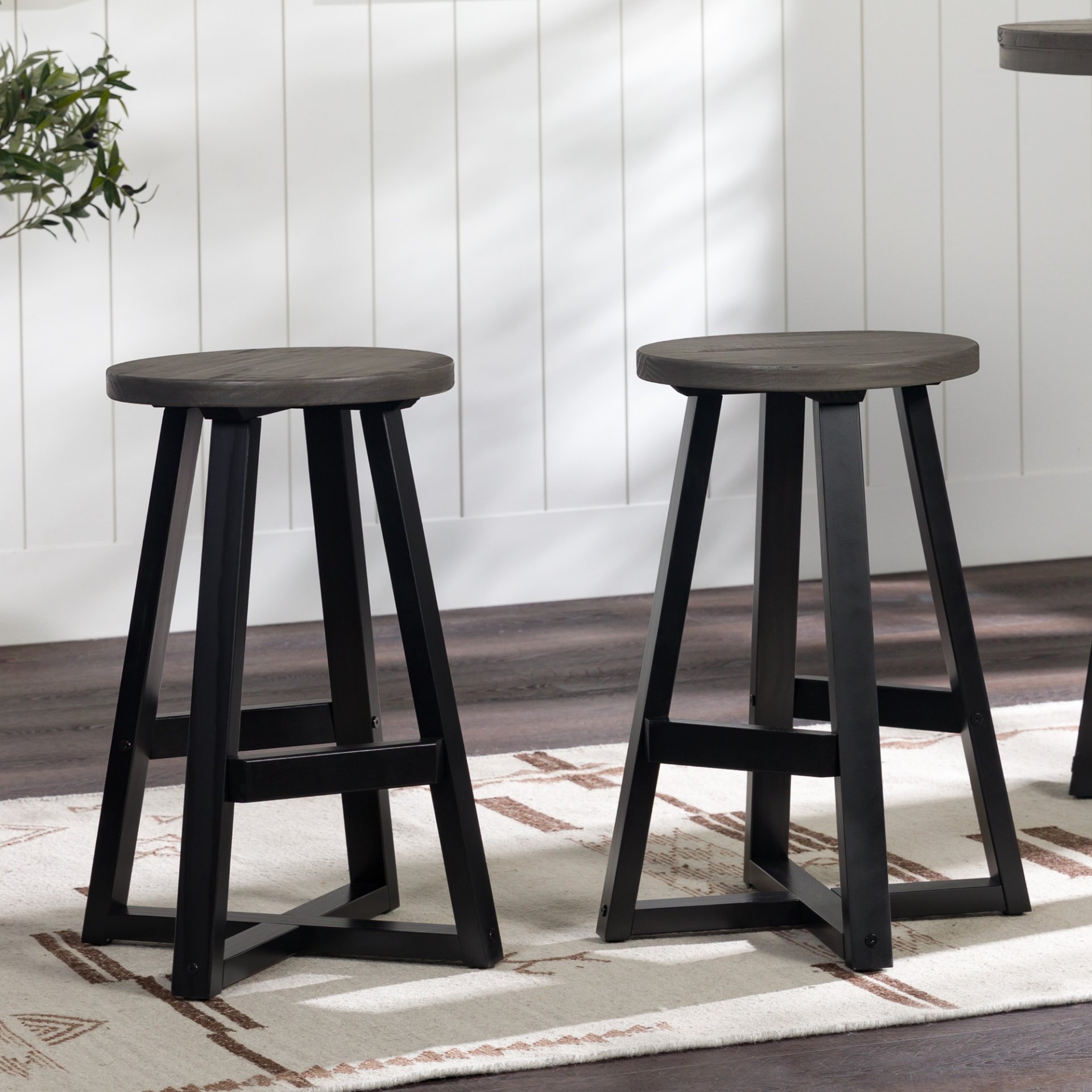 Rustic Distressed Solid Wood Round Dining Stool - Gray - Image 2