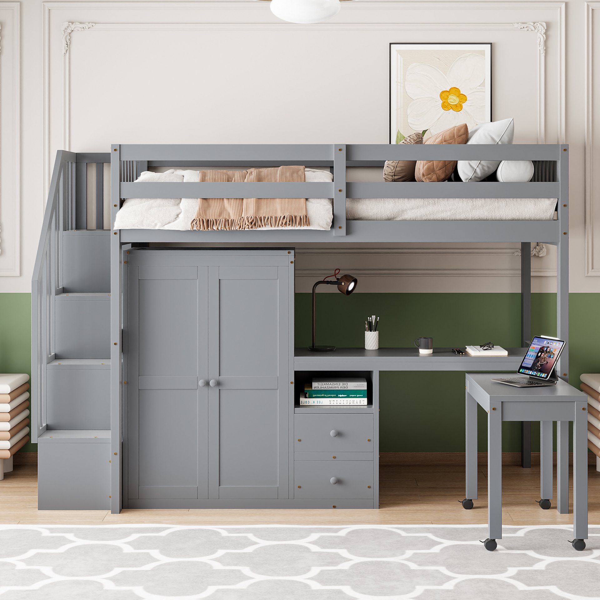 Twin Size Loft Bed With Stairs, Bookshelf, Drawers, Desk & Wardrobe, Space Saving Multifunctional Furniture - Gray - Image 3