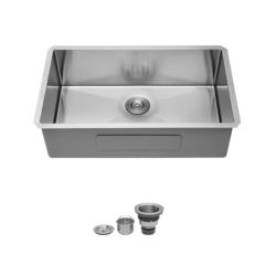 30" Undermount Kitchen Sink, 16 Gauge, 9" Deep Single Bowl - Brushed Nickel