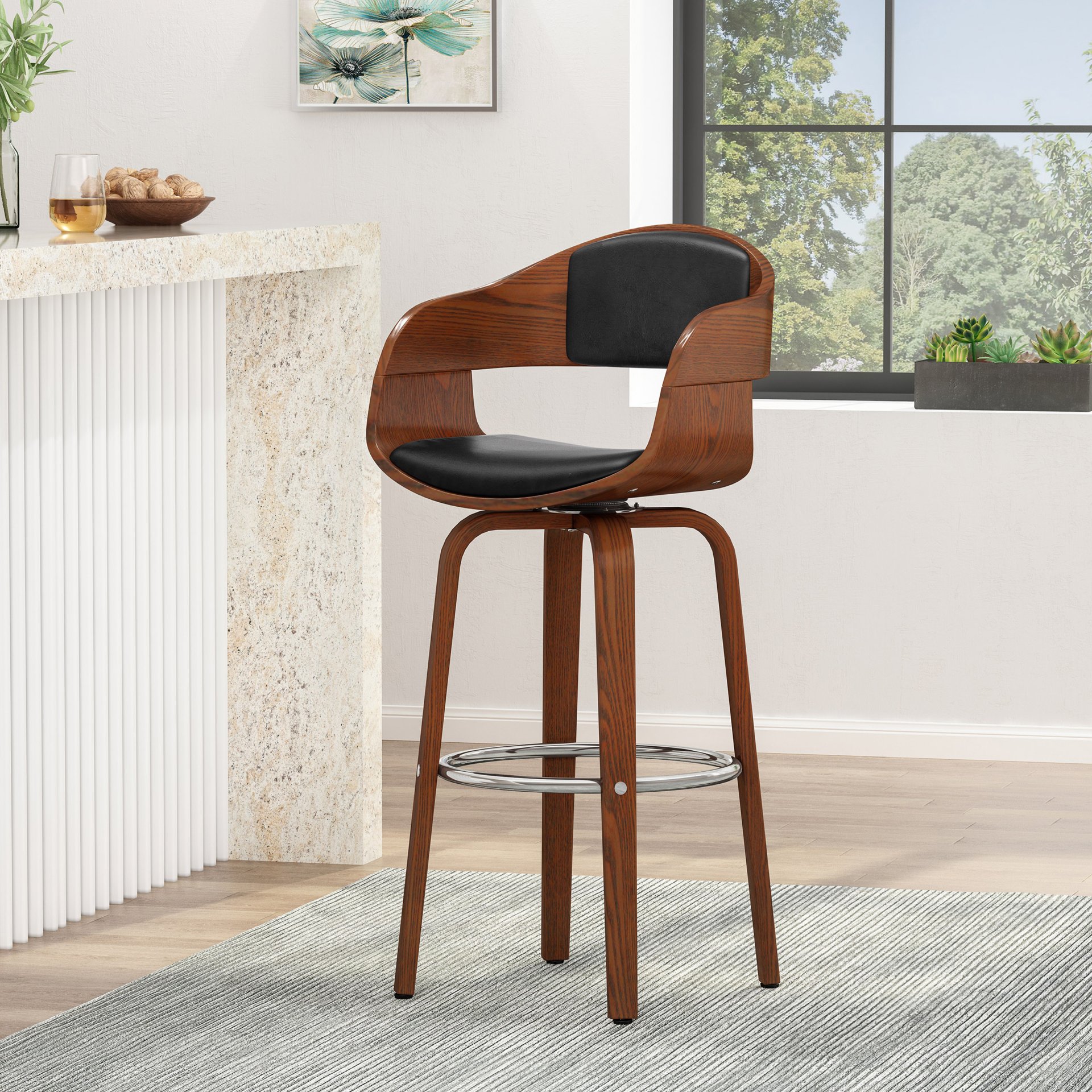 Upholstered Swivel Barstool With Wood Frame / Chrome Footrest - Walnut / Black - Image 2