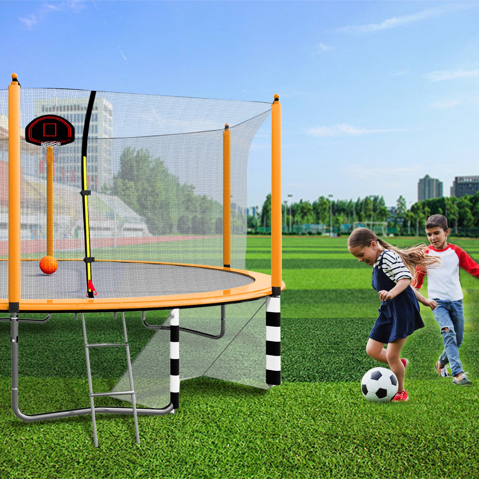 16Ft Trampoline With Basketball Hoop Pump And Ladder (Inner Safety Enclosure) With Soccer Goal - Orange - Image 7
