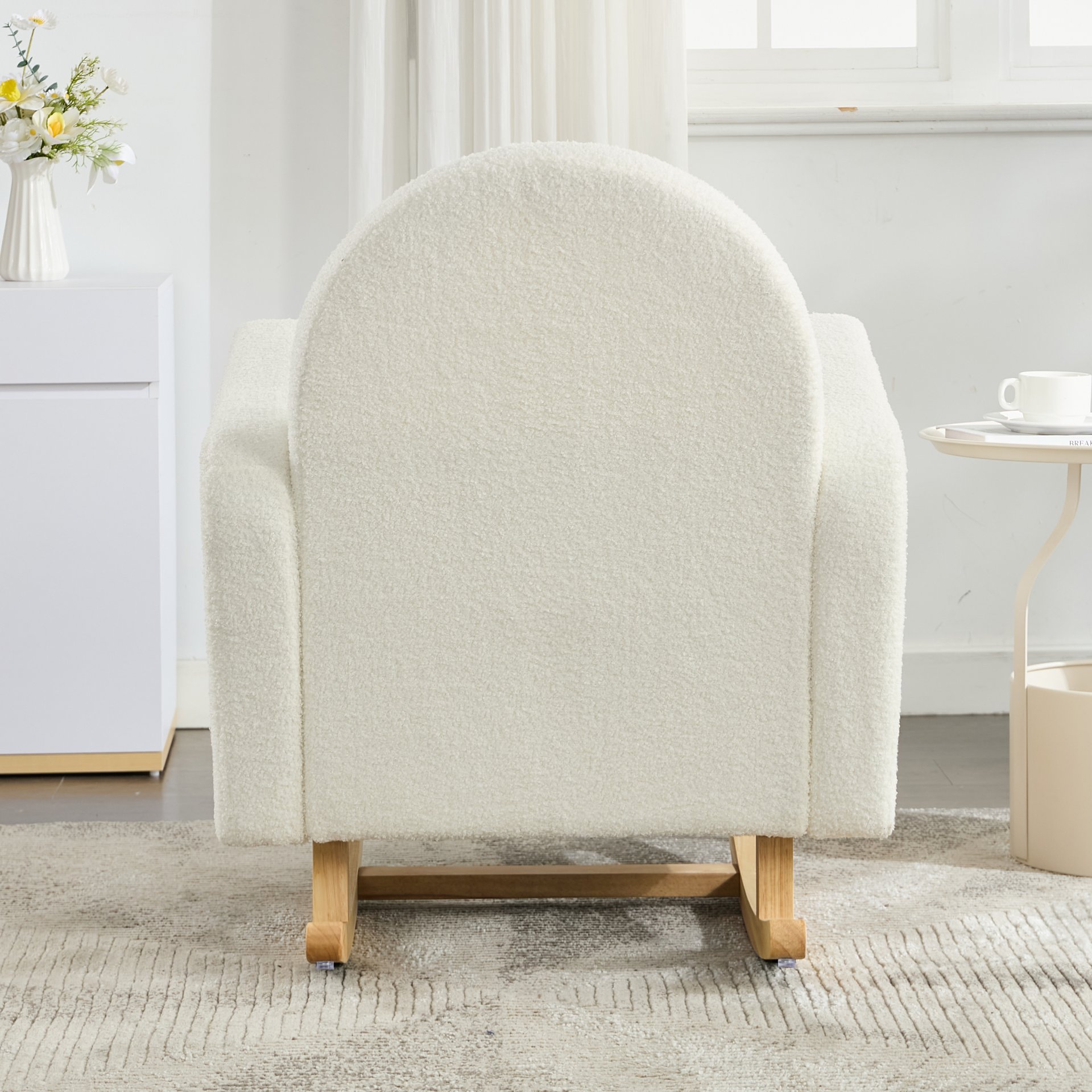 Accent Rocking Chair With Curved Back & Pillow, Base, Ultimate Comfort For Living Room Or Nursery - Cream White - Image 7