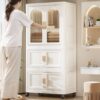 Side Wide Folding Wardrobe, With Magnetic Door, Plastic Storage Cabinet With Wheels (1 Layer Of Wardrobe + 2 Layers Of Folding Boxes + 10 Hangers) - Cream White - Image 10