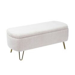 Storage Ottoman Bench For End Of Bed Gold Legs, Modern Ivory White Faux Fur Entryway Bench Upholstered Padded With Storage For Living Room Bedroom - Ivory