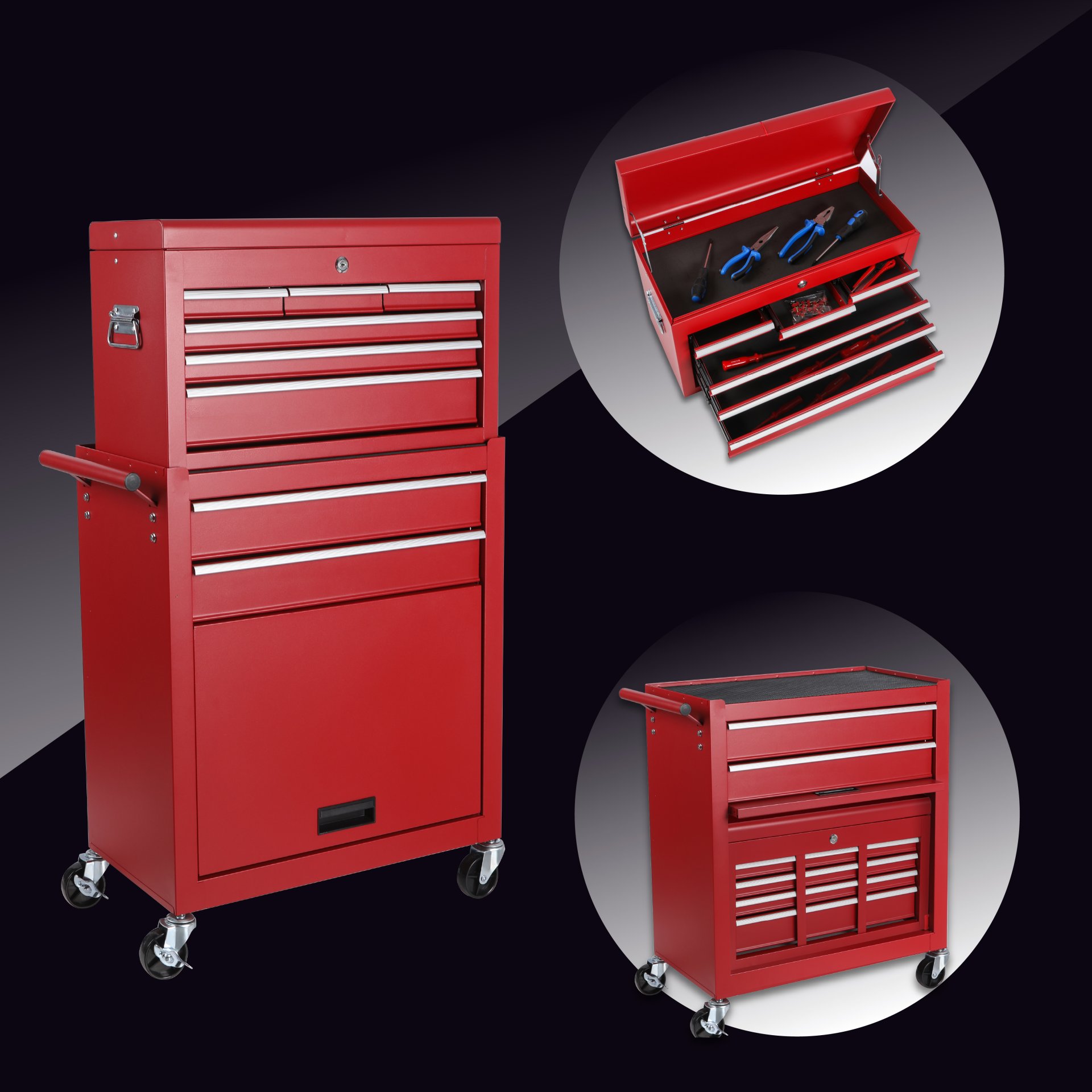 8 Drawer Rolling Tool Chest With 2 In 1 Detachable Top Box, Lockable Wheels, Liners, And Side Hooks Metal Tool Cabinet For Garage - Red - Image 4