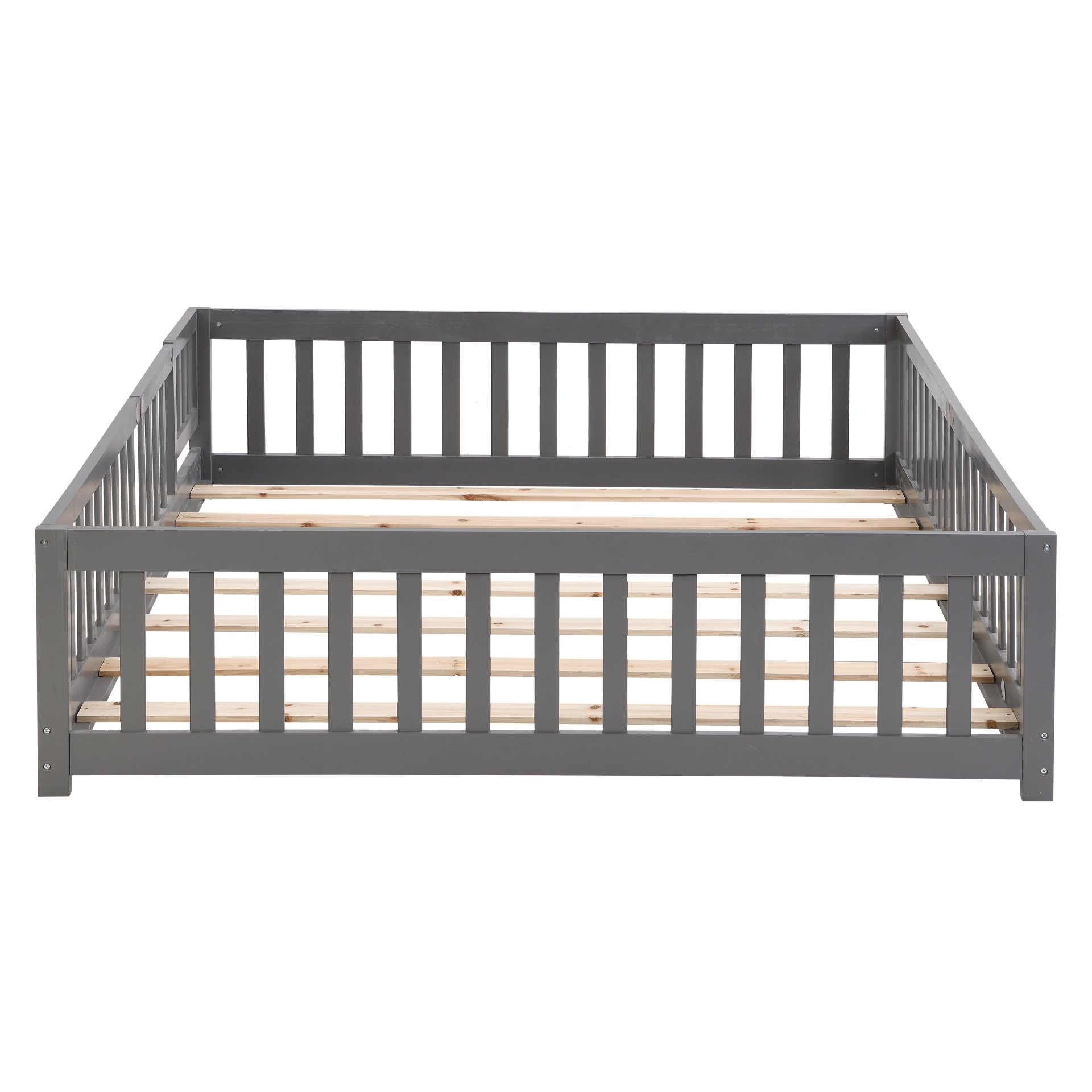 Solid Wood Full Size Floor Bed With Door And Fence For Children, Pine Wood Construction - Gray - Image 5