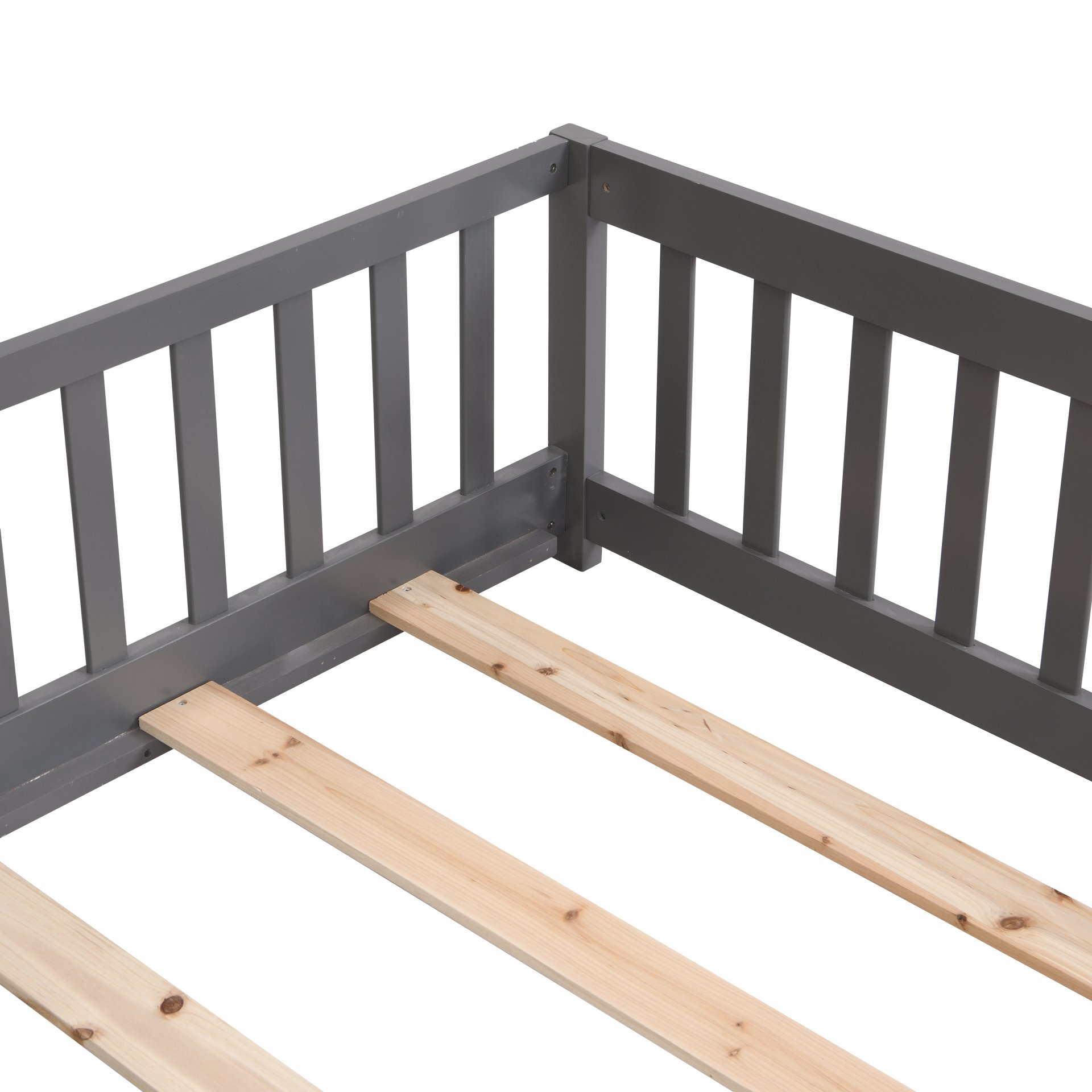 Solid Wood Full Size Floor Bed With Door And Fence For Children, Pine Wood Construction - Gray - Image 6
