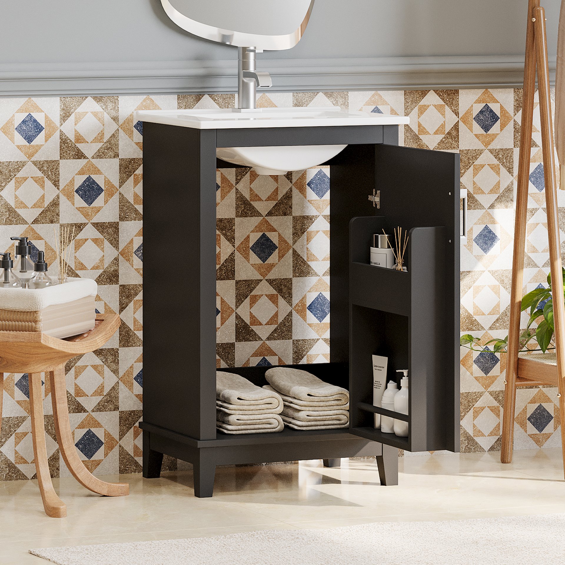 Modern Small Bathroom Vanity Cabinet With Ceramic Basin, Ample Storage, 1 Soft Close Door - Black - Image 3