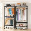 Heavy Duty Rolling Clothes Rack With 3 Tier Shelves, 2 Rails & Side Hooks, Adjustable Freestanding Organizer Metal - Black - Image 8