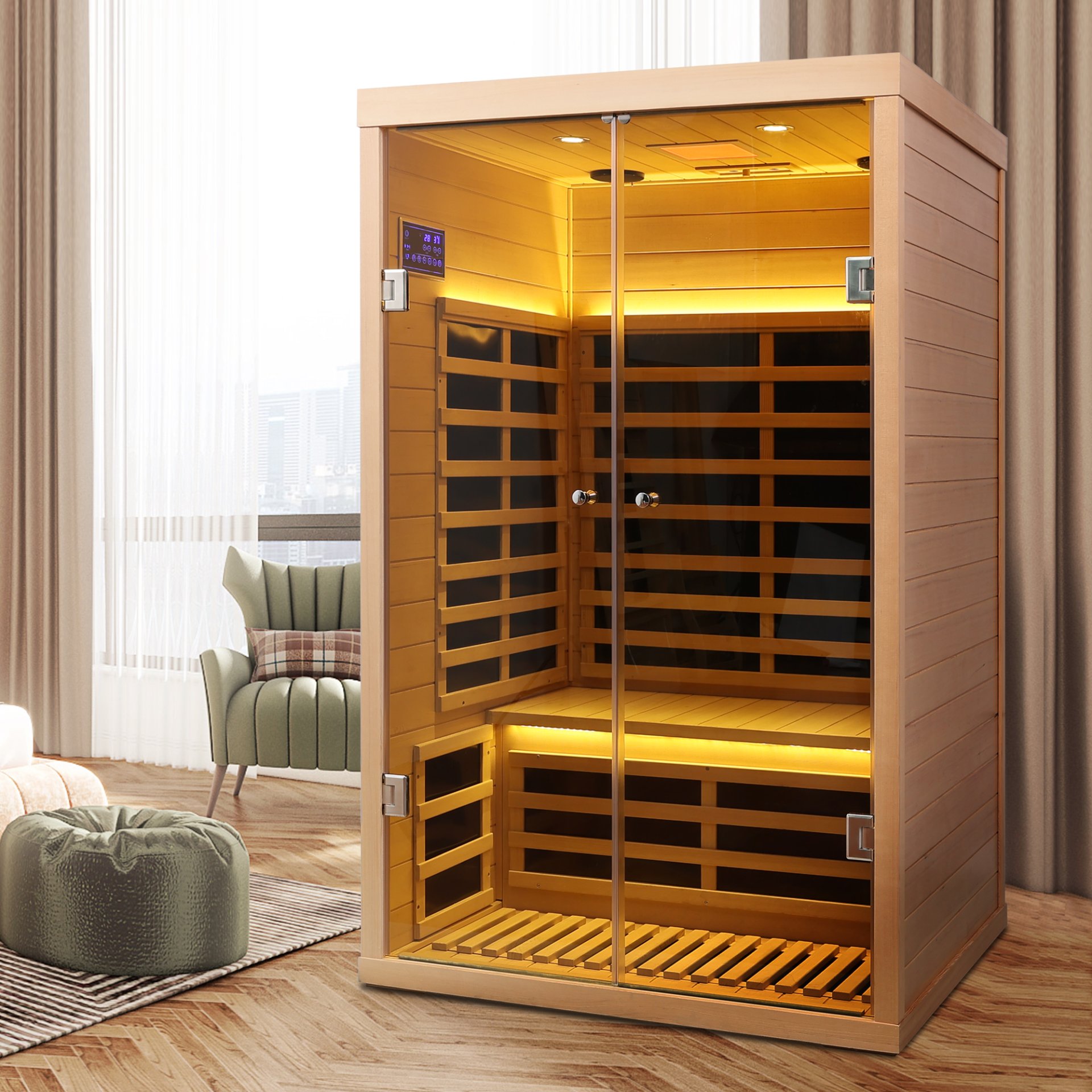 Low Emf 2 Person Wide Space Hemlock, Double Doors Great Glass Luxury Indoor Far Infrared Sauna Room - Natural Wood - Image 9