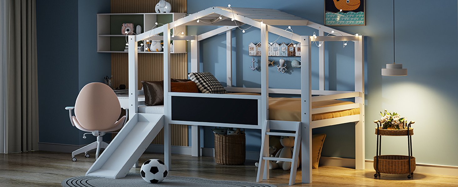 Twin Size Loft House Bed With Ladder And Slide, With Blackboard And Light Strip On The Roof - White - Image 22