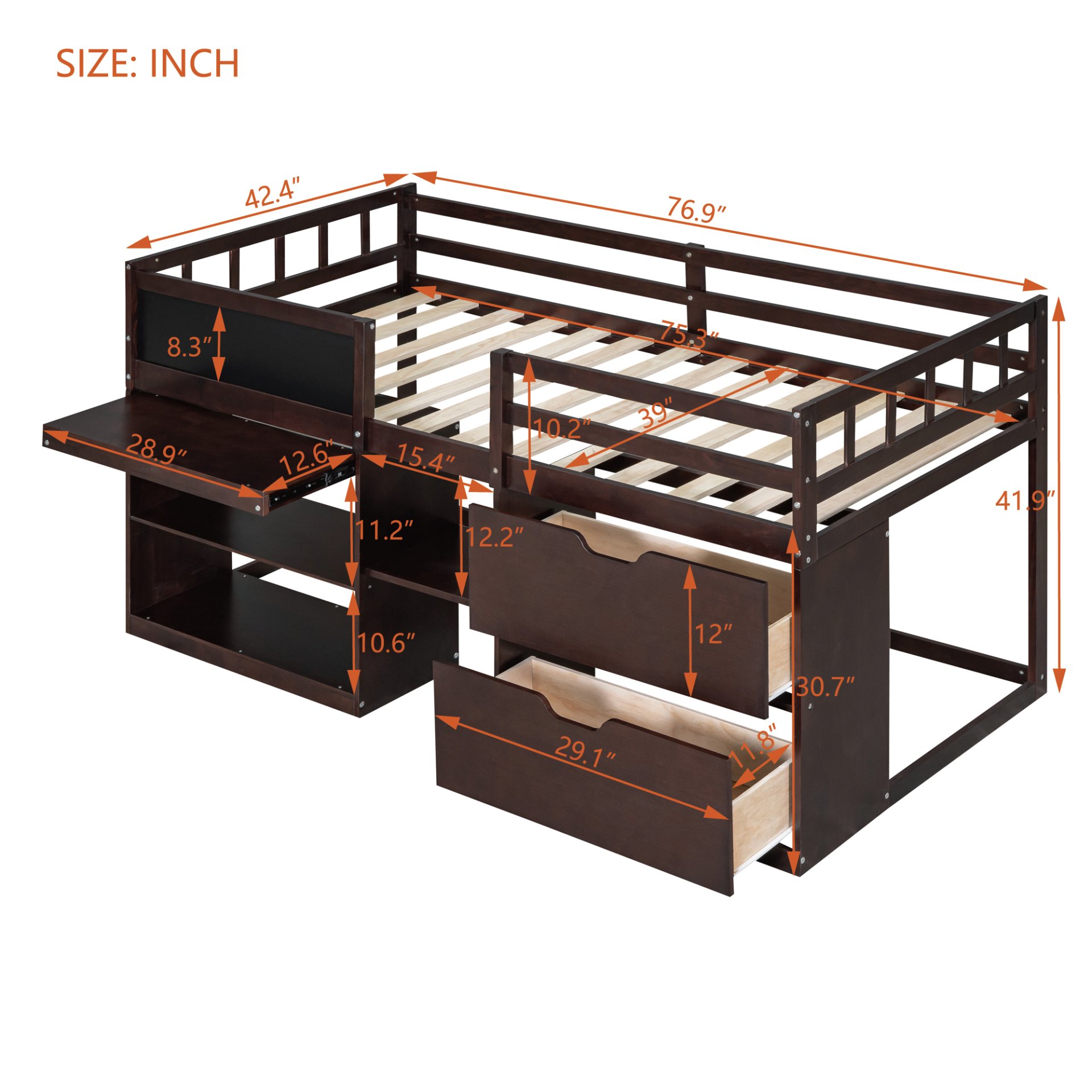 Twin Size Low Loft Bed With Rolling Desk, Shelf And Drawers - Espresso - Image 12