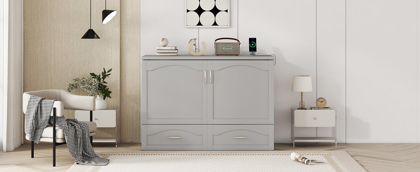 Full Size Murphy Wall Bed With Drawer And A Set Of Sockets & USB Ports, Pulley Structure Design - Gray - Image 17