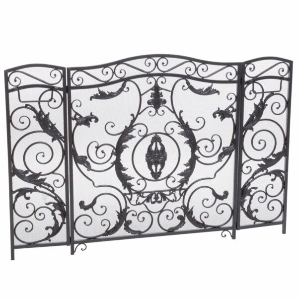 Mariella - Traditional Floral Iron Fireplace Screen With Ornate Design - Black / Brushed Silver