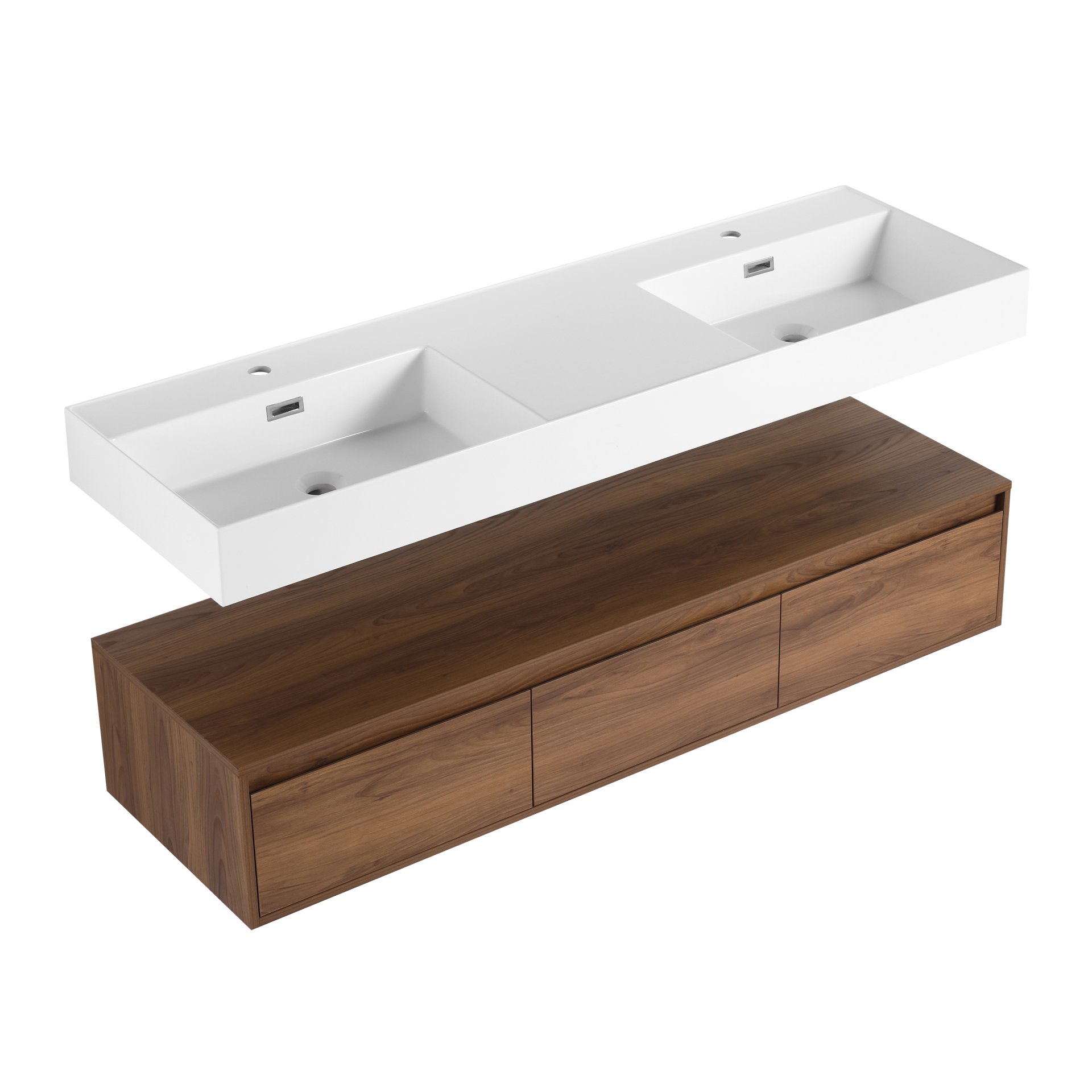 Modern Wall Mounted Bathroom Vanity With Dual Resin Sink And Soft Close Drawers - Brown Ebony - Image 14