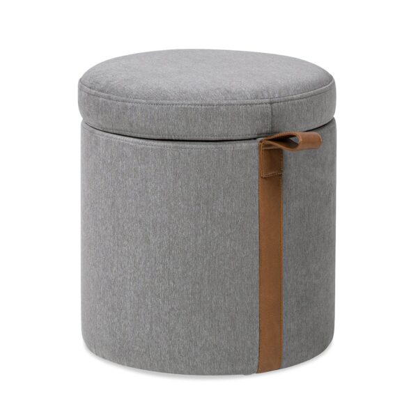 Brandy - Round Upholstered Storage Ottoman With Leather Accent - Gray