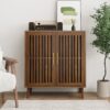 Farmhouse Sideboard Buffet Cabinet With Louvered Doors, Wood Coffee Bar Storage For Kitchen & Living Room - Walnut - Image 5