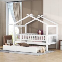 Twin Size House Bed & Twin Size Trundle - White