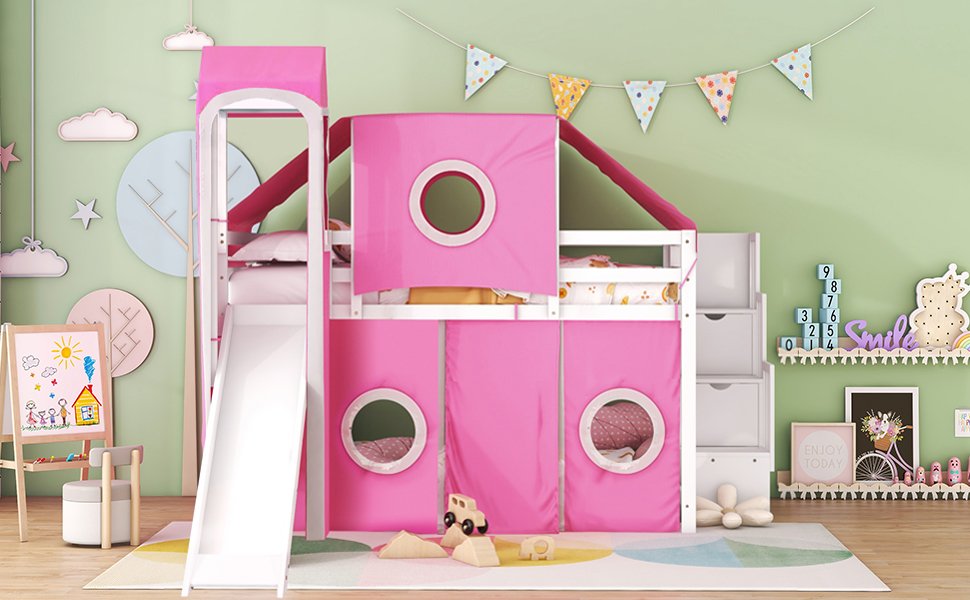 Full Size Loft Bed With Tent And Tower - Pink - Image 20
