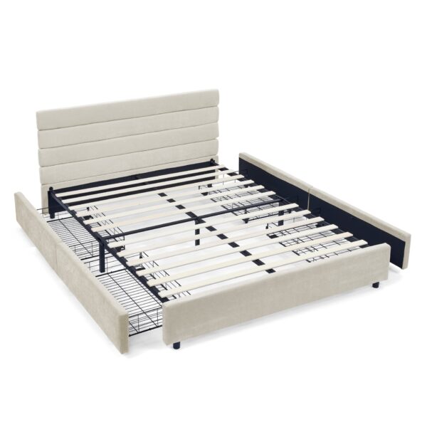 Modern Queen Size Cushioned Bed Frame With Headboard And Storage Drawers Foam Upholstery - Beige