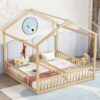 Double Twin House-Style Floor Bed With Fence, Guardrails, Without Door - Natural - Image 2