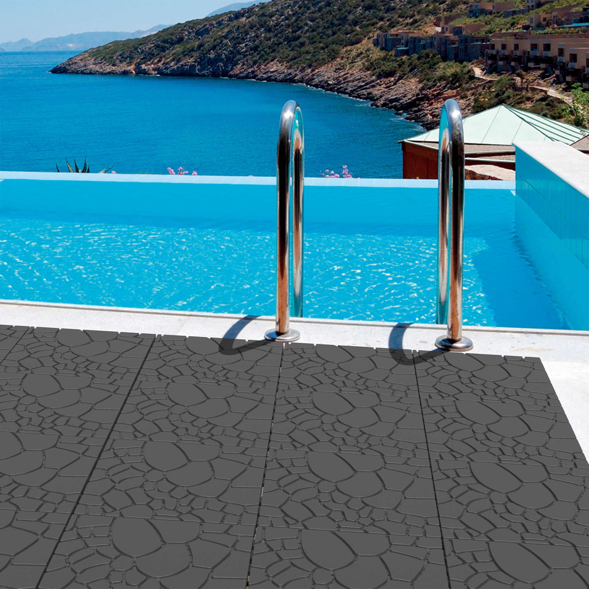 Stone Texture 12" Patio Deck Tiles, Diy - Module Interlocking Decking Floor Tiles, Polypropylene, 12" - Dark Gray - Image 4