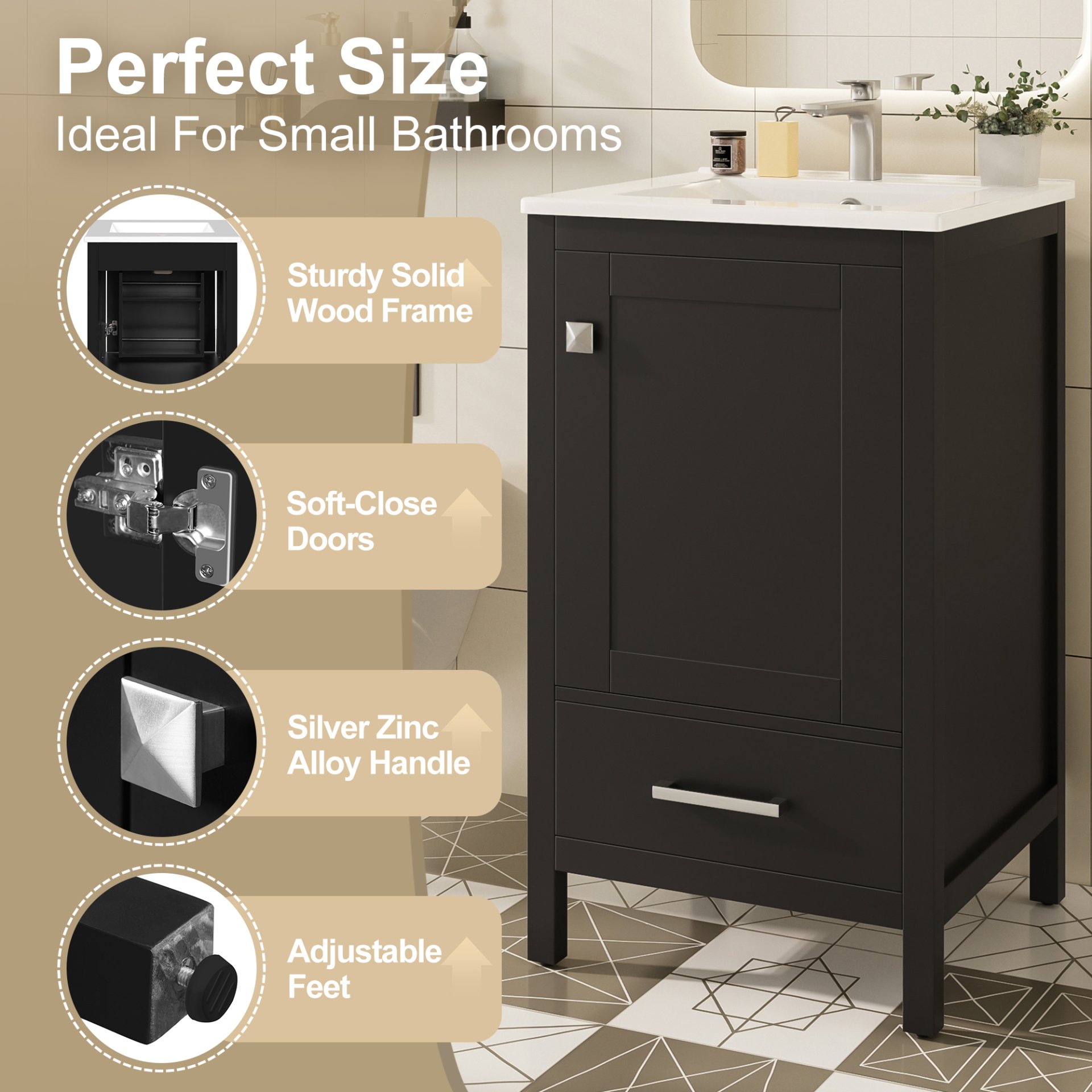 20" Bathroom Vanity With Sink, Soft Close Drawers, Door Organizer, Divider Drawer, Adjustable Foot Pads - Black - Image 6