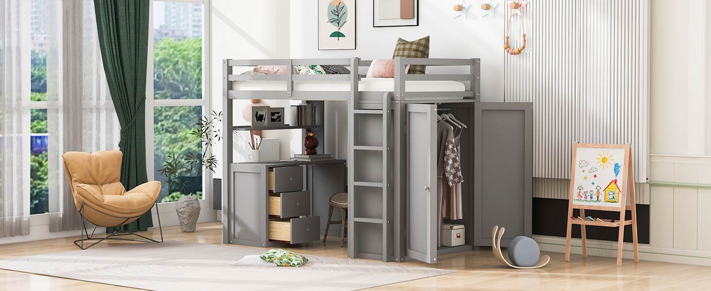 Twin Size Loft Bed With Drawers, Desk, And Wardrobe - Gray - Image 19