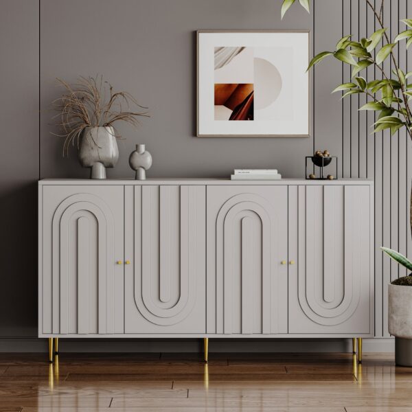 Modern Lacquered 4 Door Wooden Cabinet Sideboard Buffet Server Cabinet Storage Cabinet, For Living Room, Entryway, Hallway, Office, Kitchen And Dining Room - Gray
