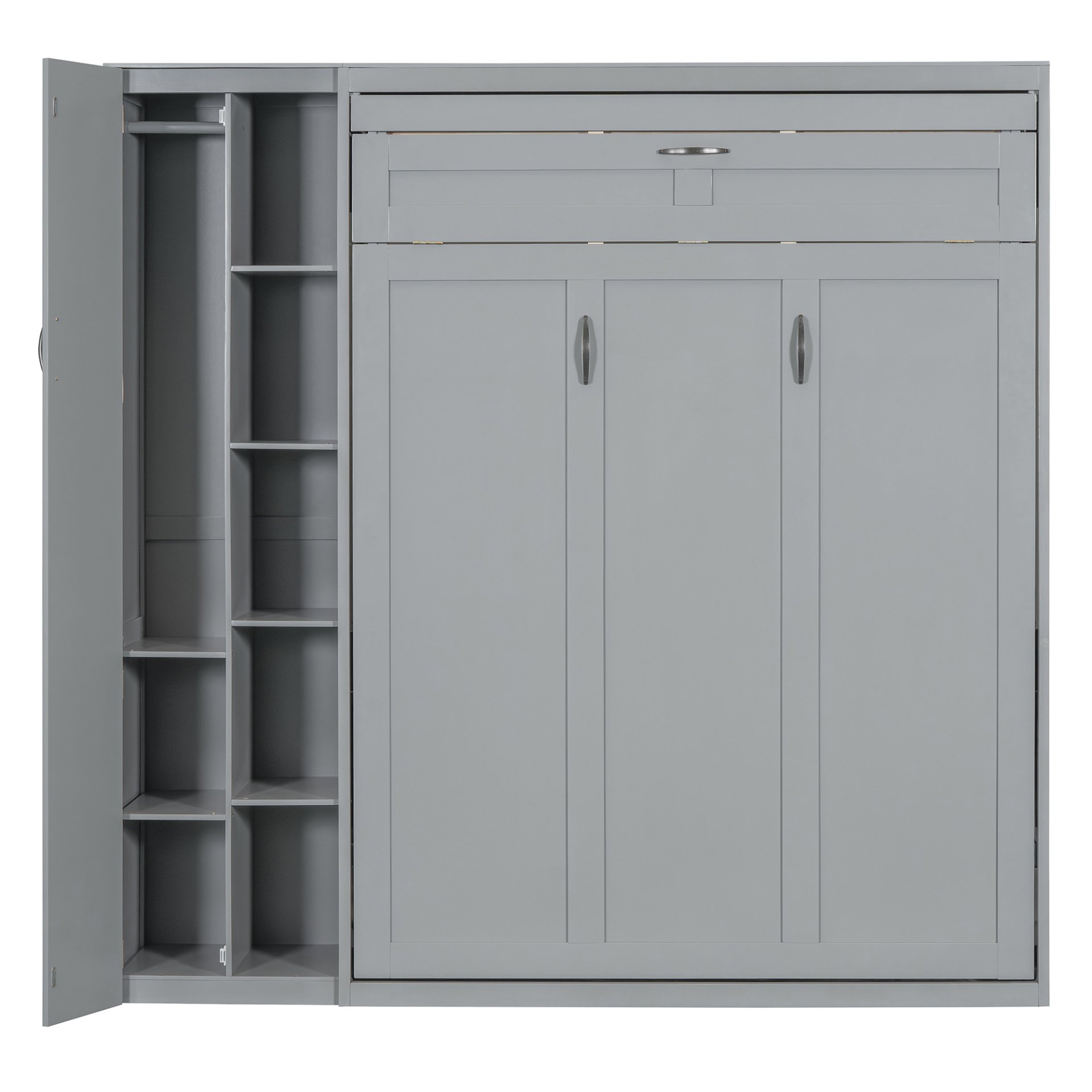 Full Size Murphy Wall Bed With Shelves, Wardrobe And LED Lights - Gray - Image 19