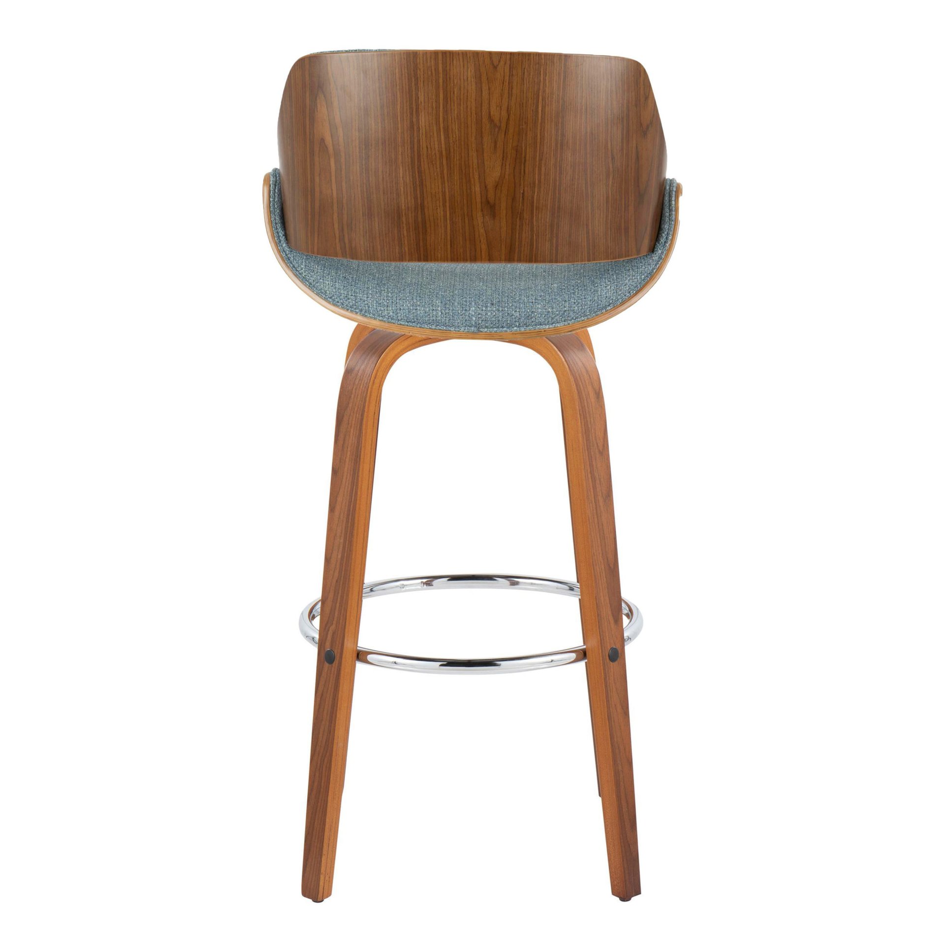 Fabrizzi - Mid-Century Modern Fixed Height Barstool With Swivel With Round Footrest (Set of 2) - Walnut / Blue - Image 5