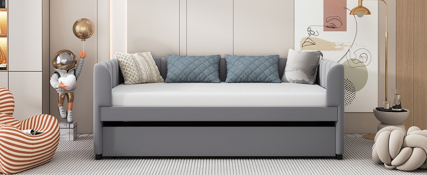 Twin Size Upholstered Daybed With Ergonomic Design Backrest And Trundle - Gray - Image 15