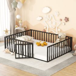 Queen Size Floor Bed Frame With Fence And Door - Black