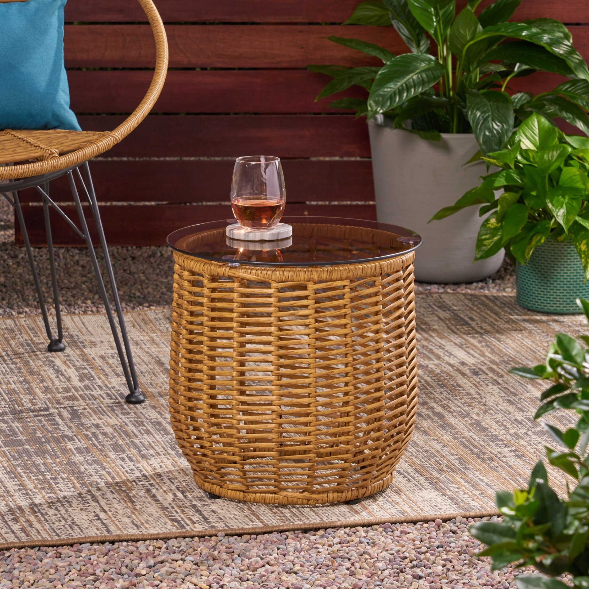 Arias - Boho Side Table With Tempered Glass Top - Light Brown - Image 5