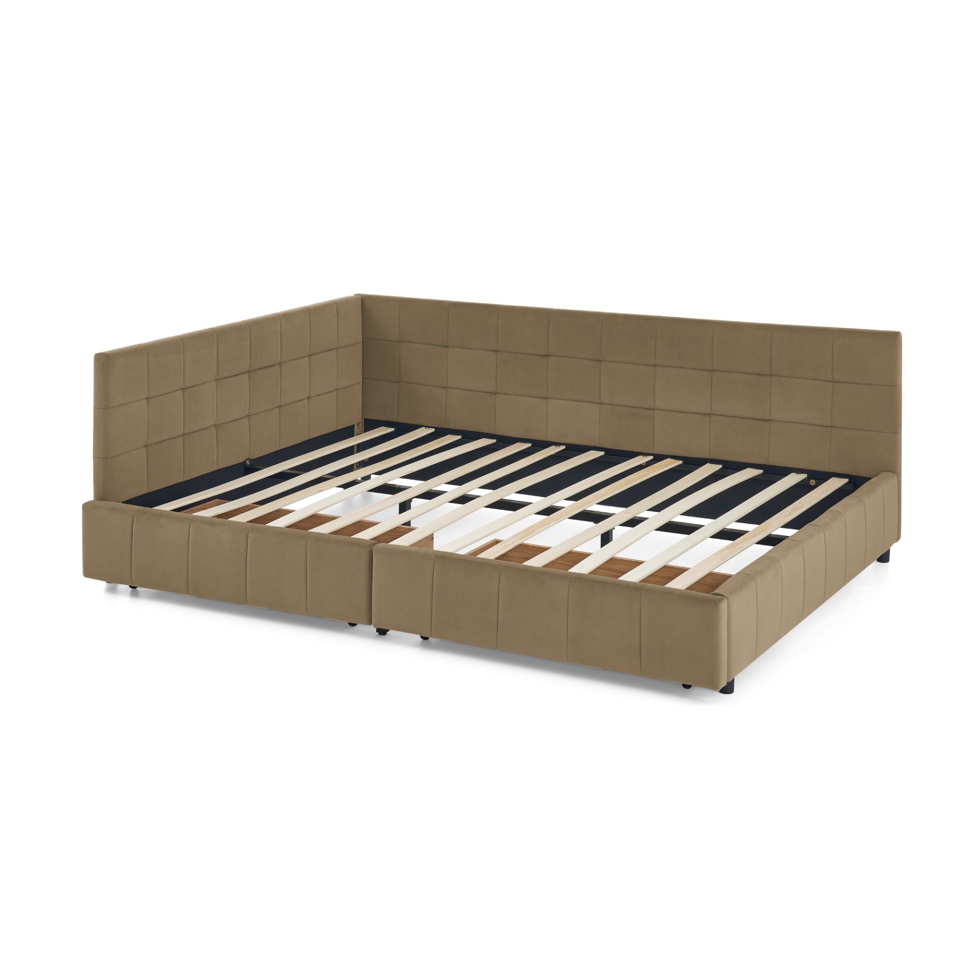 Mid Century Velvet Upholstered Tufted Queen Size Storage Bed Frame With Backrest And Armrests - Brown - Image 10