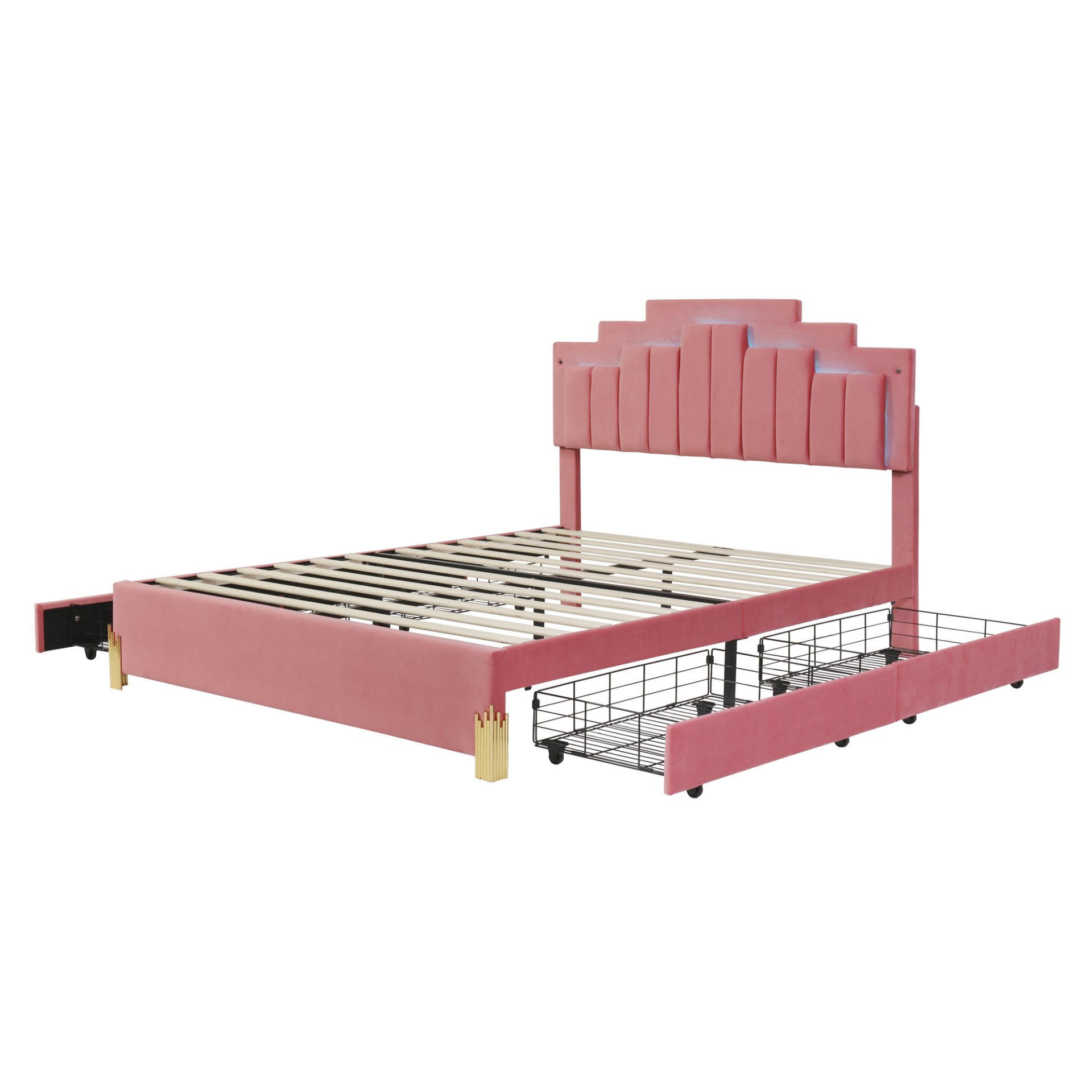 Queen Size Upholstered Platform Bed With LED Lights And 4 Drawers, Stylish Irregular Metal Bed Legs Design - Pink - Image 4