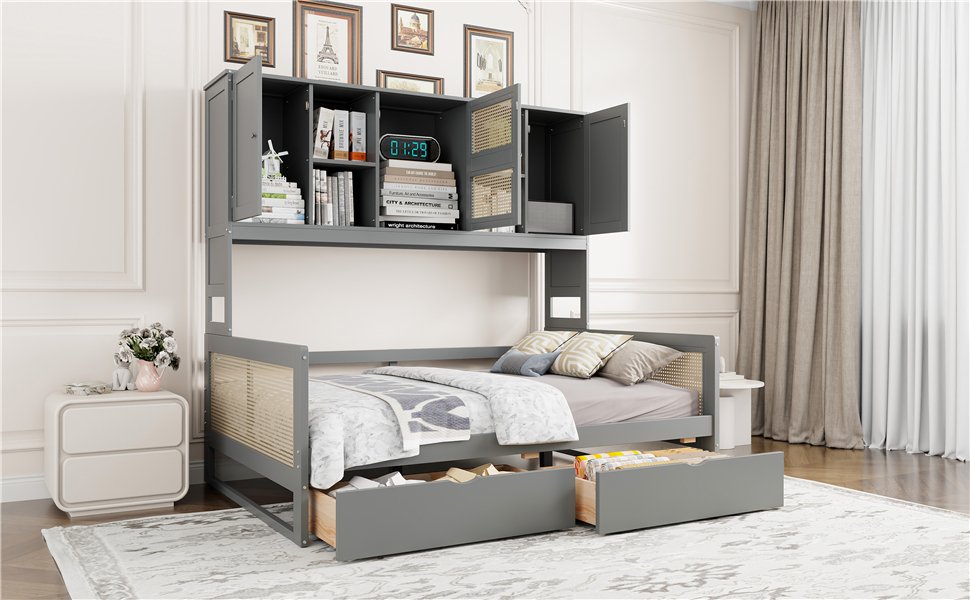 Full Size Wooden Daybed With 2 Drawers, And All In One Cabinet And Shelf - Gray - Image 16