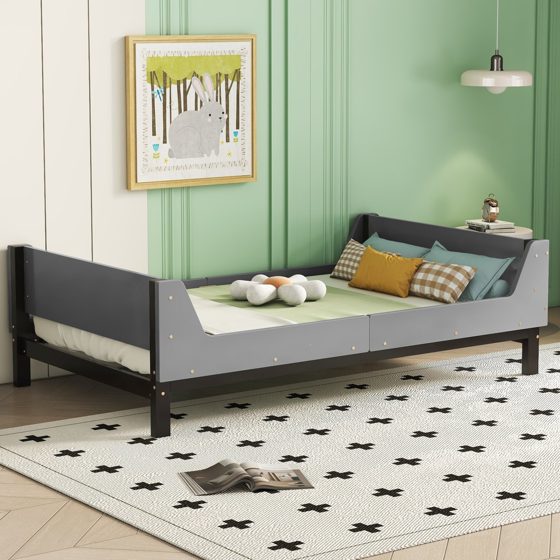 Twin Bed With Headboard, Footboard, Safeguards, Built-In Bed-End Book Storage Rack - Gray - Image 12